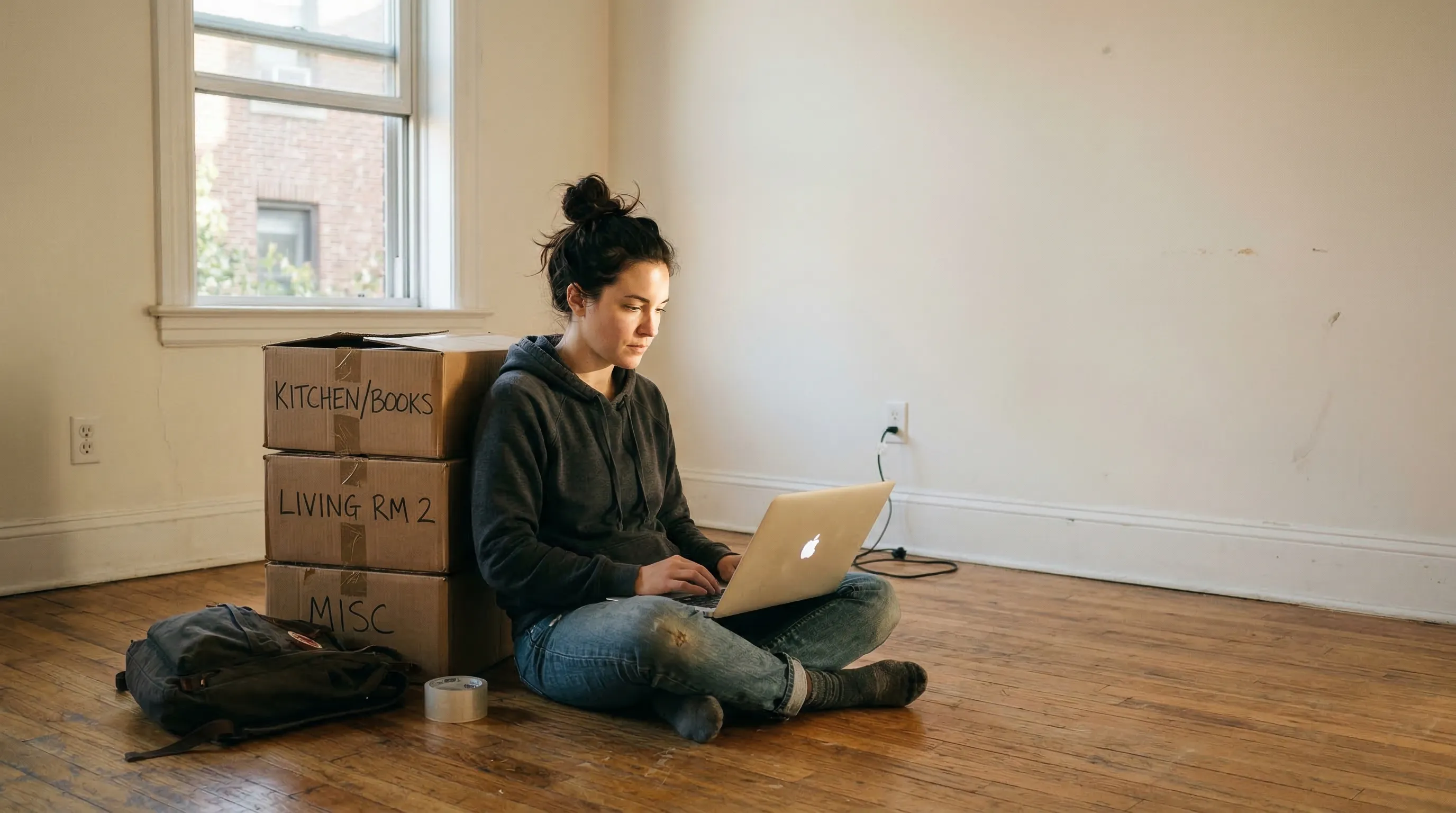 빈 아파트에서 노트북으로 비용 계산