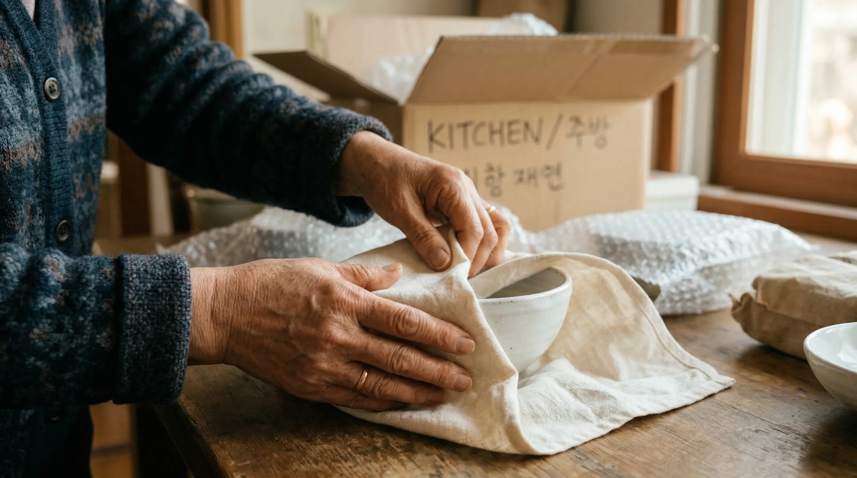 그릇을 수건으로 포장하는 모습