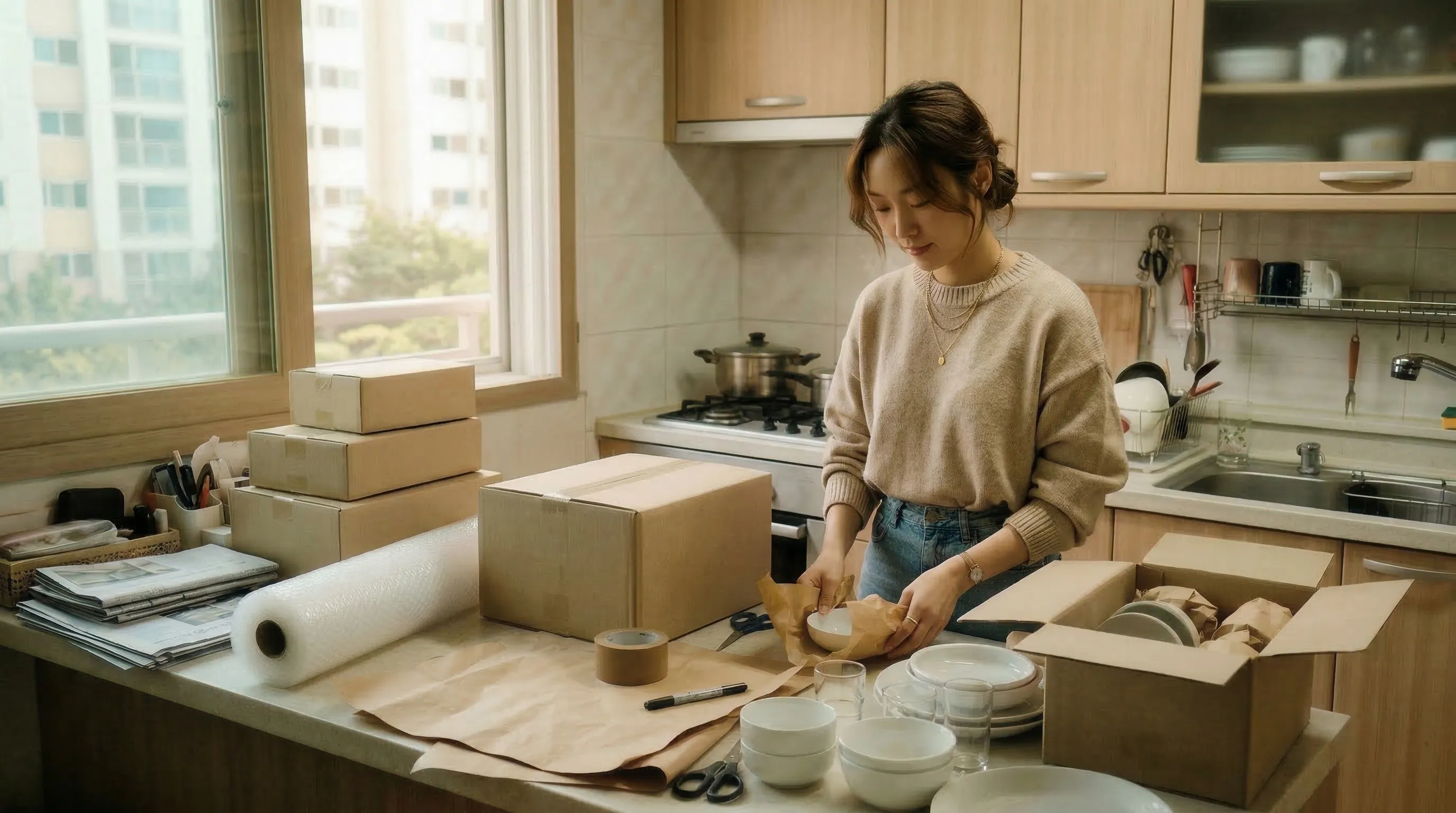 그릇을 신문지로 포장하는 모습